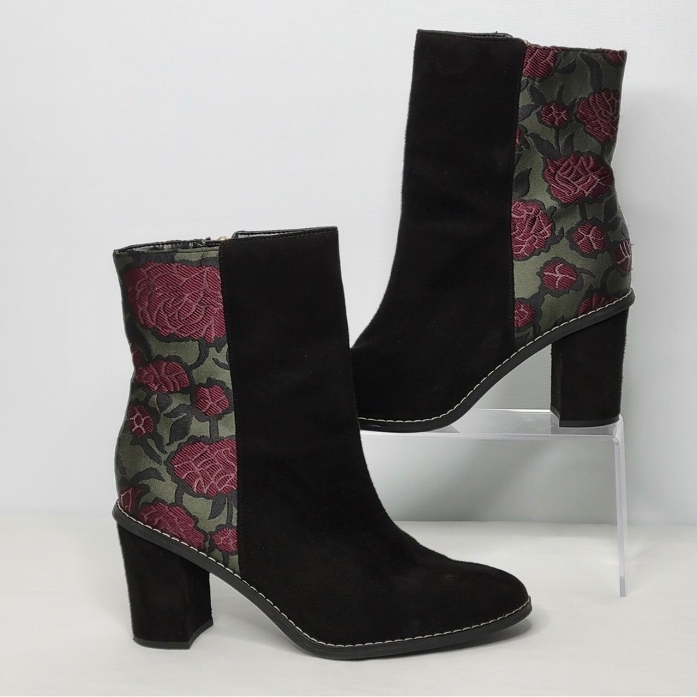 Dr. Scholl's Vault Ankle Boots Black Faux Suede Floral Brocade Block Heel 9.5M